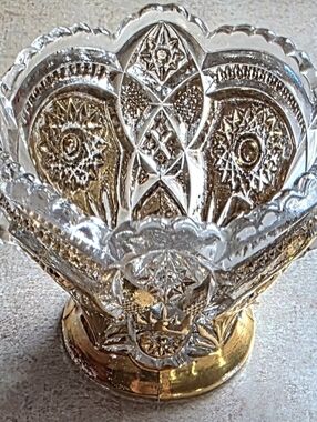 2 Pc Vintage IMPERIAL CREAM & SUGAR Crystal w Gold HOBSTAR PINWHEEL NuCut set